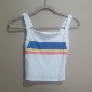 Urban Heritage White Crop Tank with Blue, Yellow and Coral Stripes Size Small